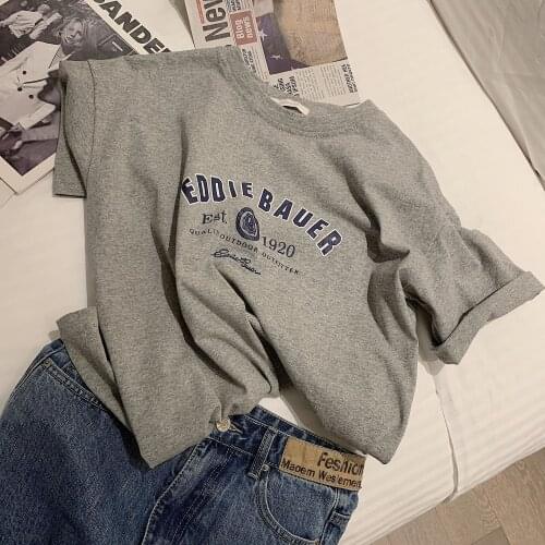 Gray letter T-shirt womens summer 2021 new loose cotton short sleeve top fashion half sleeve inside and outside casual style