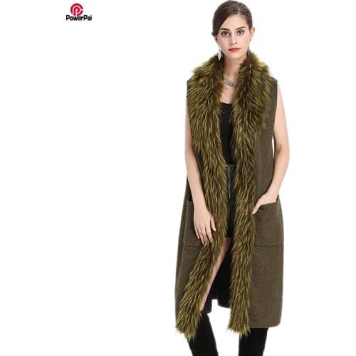 X-Long Yarn Woven Imitated Raccoon Fur Coat Sleeveless Vest Elegant Lady Fur Collar Cashmere Cardigan Autumn Winter Overcaot