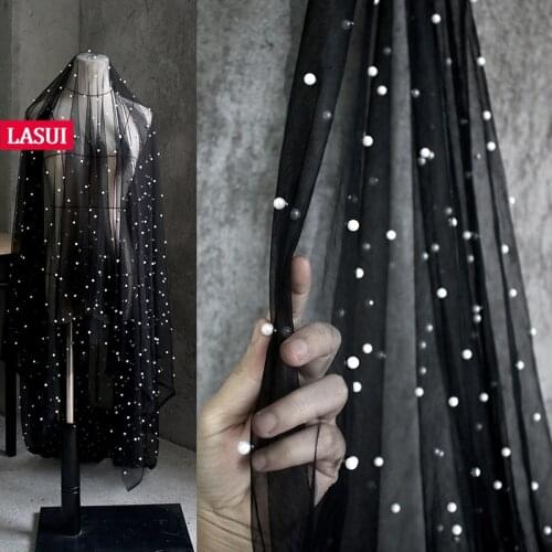 LASUI 3y=1 piece High-grade F0004-2 diy clothing skirt designer fabric Black irregular beaded white mesh lace fabric