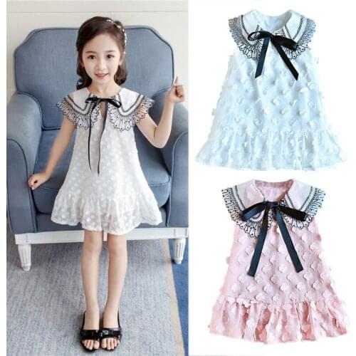 Summer Baby Girls Dress Sleeveless Flower Pattern Lace Mesh Dress Kids Cotton Princess Sundress