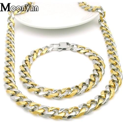 Moorvan Stainelss Steel Polishing High Quality Men Necklace Bracelet Sets Trendy Chain Jewelry Set For Man VJS112