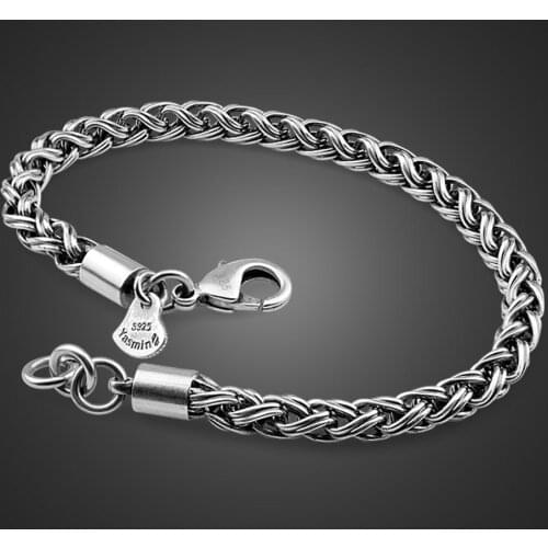 New Men 100% 925 Sterling Silver Bracelets Bangles 3.5 MM 7.5 inches Fashion Vintage Man Thai Silver Bracelet Jewelry