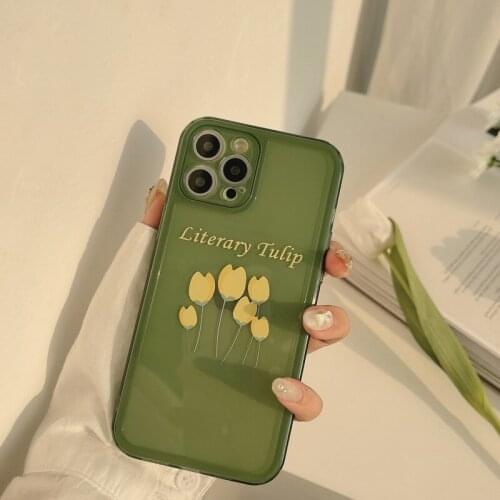 Retro sweet jelly green tulip art Transparent Phone Case For iPhone 12 11 Pro Max Xr Xs Max 7 8 Plus 7Plus case Cute Soft Cover