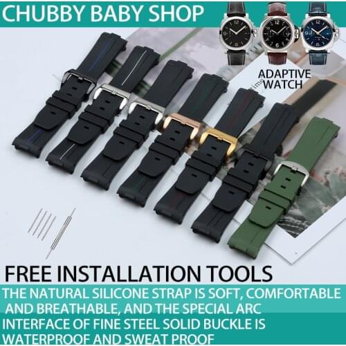 Top Quality Soft 24mm Curved End Black Green Silicone Rubber Watchband for Panerai Watch Band Strap PAM Bracelet Logo Tools