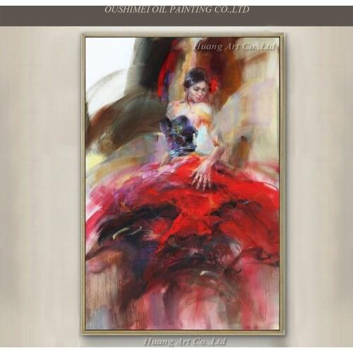 Hand Painted Spanish Dancer Oil Painting Handmade Canvas Painting Impression Red Skirt Figure Wall Pictures for Living Room