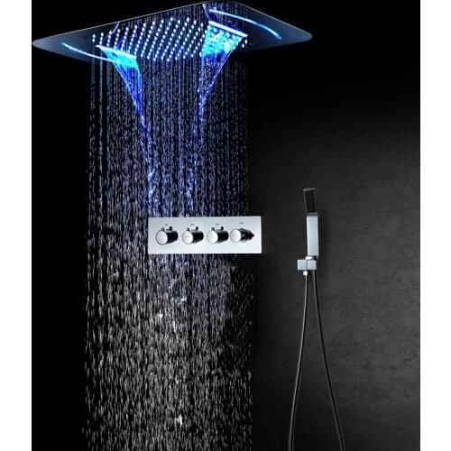 3 Functions Thermostatic Rain Shower System Embedded Ceiling LED High Pressure Shower Head Bathroom Faucet Brass Concealed Mixer