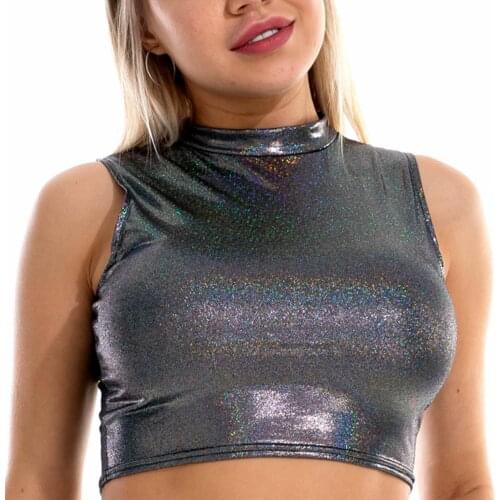 Summer Women Pole Dancing Raves Concert Music Festival Night Club Costumes Metallic Shiny O Neck Sleeveless Crop Top Tank
