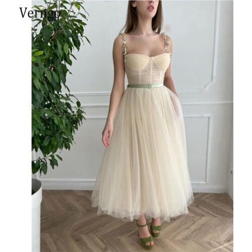 Verngo 2021 Simple Beige Tulle A Line Prom Dresses Flowers Straps Sweetheart Velour Sash Ankle Length Graduation Party Gowns
