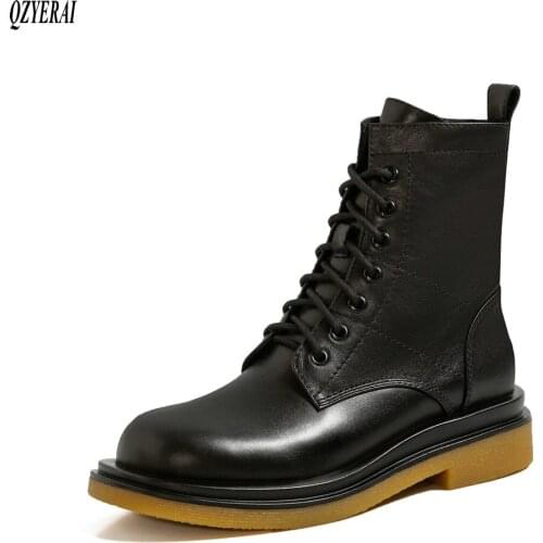 Genuine leather Women boots Motorcycle boots black 2020 Autumn/winter ankle boots Head layer cowhide Women shoes
