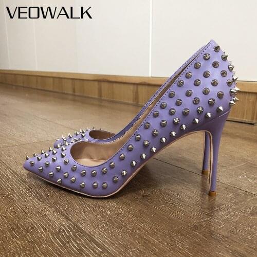 Veowalk Violet Purple Matte Women Silver Spikes Pointed Toe Sexy Stiletto Pumps Rivets High Heel Party Shoes Color Customize