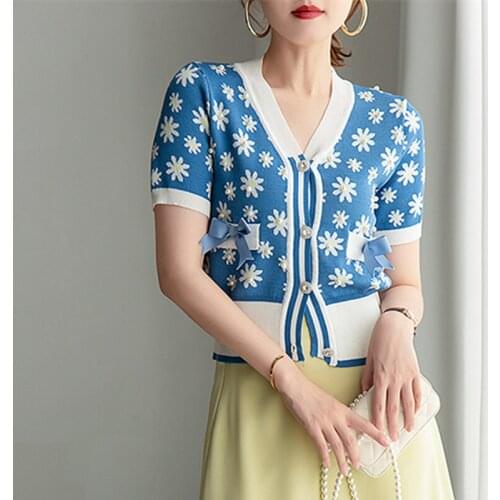 Pearls Daisy Cardigans Women 2021 Summer Crop Top Sweater Shirt V Neck Short Sleeve Fake Pockets with Bow Blue Knitted Cardigan