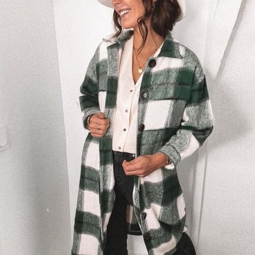 Womens 2020 Winter New Coat Casual Color Check Plaid Long-sleeved Wool Coat Female High Street Manteau Femme En