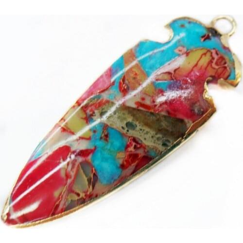 1Pcs 48x18x5mm Wholesale Rose And Blue Sea Sediment Jasper & Pyrite Arrow Gilt Edge Pendant Bead DIY Jewelry Accessories S856