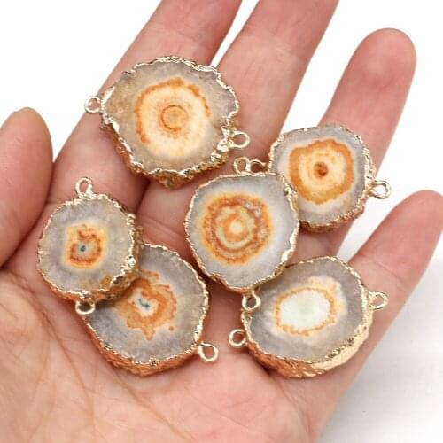 1PC Natural Stone Connector Pendant Round Agates Yellow Double Hole Charm for Jewelry Making DIY Necklace Bracelet 15x20-20x30mm