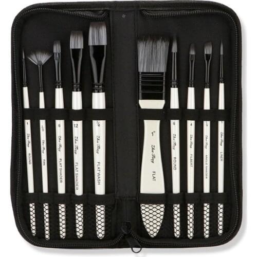 10pcs White Watercolor Canvas Bag Artist Paint Brushes Set Gray Nylon Hair for Acrylic Oil Gouache Painting Drawing Art Supplies