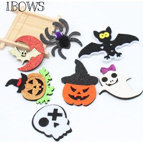 IBOWS 10pcs Halloween Patches Pumpink Glitter Felt Stickers Cloth Decoration Appliques for DIY Hair Accessories Handmade Crafts