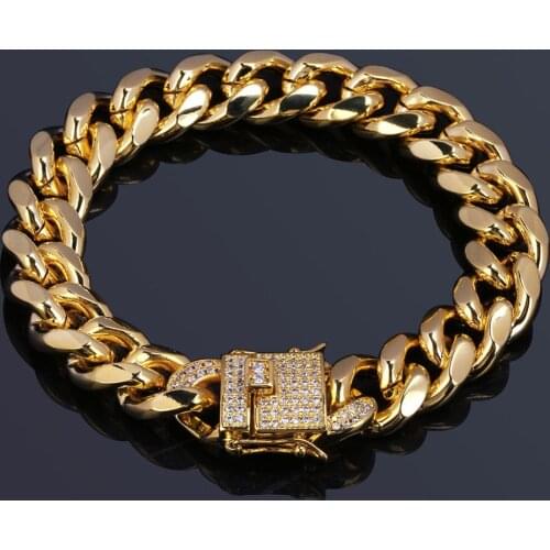 12mm Gold Color Plated Cuban Chain Bracelet With 1ct Lab Cubic Zirconia Clasp Hip Hop Bracelet For Men 8"