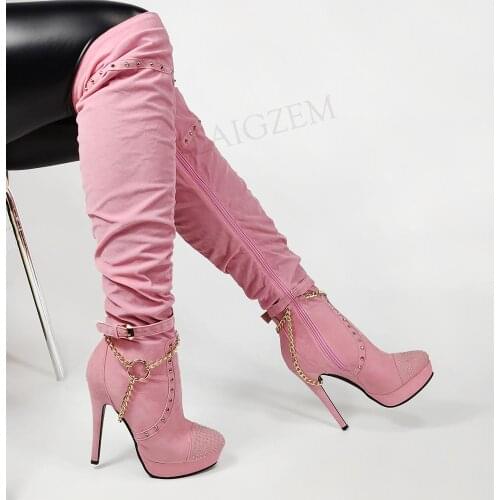 BERZIMER Women Knee High Boots Faux Suede Round Toe Platform High High Pink Shoes Woman Female Autumn Winter Size 41 42 44 47 52