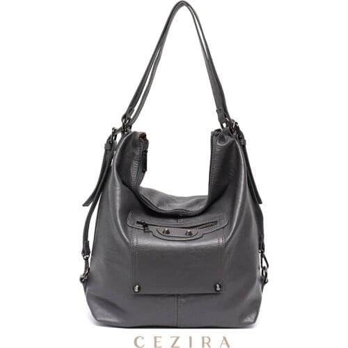 CEZIRA Soft PU Vegan Leather Backpacks For Women Fashion Brand Rivets Shoulder Bags Casual Female Leather Large School Knapsacks
