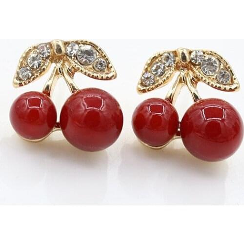 Double Cherry Stud Earring Gold Crystal Leaf Rhinestone Leaves Zircon Red Charm Woman Fashion Ear Jewelry Pendientes