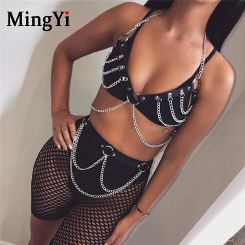 Gothic Hollow Out Sexy Body Bra Chain Belt Set Bdsm Leather Harness Silver Metal Chain Bra Belt Lingerie Sets Club Party Costume
