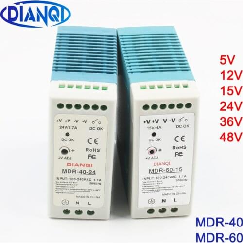 Mini Size Single Output Industrial DIN Rail switching Power Supply ac dc MDR 40W 60W driver output 5V 12V 15V 24V 36V 48V