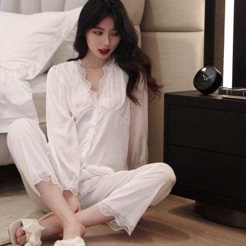 Nightwear Satin Femme 2PCS Pajamas Sets Button-Down V-Neck Pajamas Suit Lace Trim Sleepwear Long Sleeve Lounge Wear Home Clothes