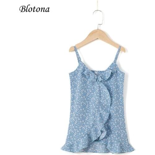 Blotona Sweet Little Girls Casual Sleeveless Slip Dress, Blue Floral Printed Pattern V-neck Off-the-shoulder Summer Sundress