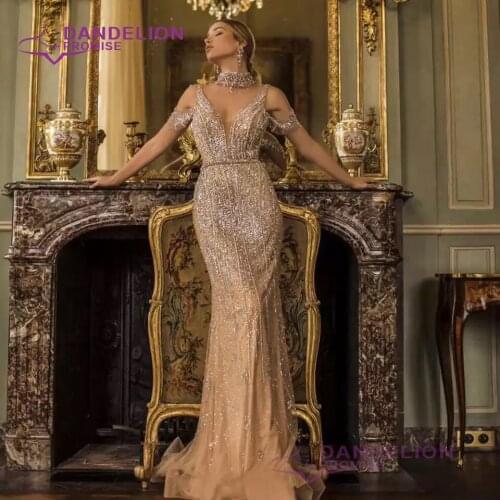 Luxury Sexy Dubai Beaded Evening Dress 2020 Long Deep V Neck Nude Tulle Crystals Formal Party Gown Sleeveless