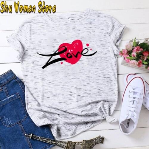 Love Heart Printed Women Tshirts Short Sleeve Loose White Sweet Couple T-Shirt Femme Woman Valentine Tee Shirt for Girls Gift