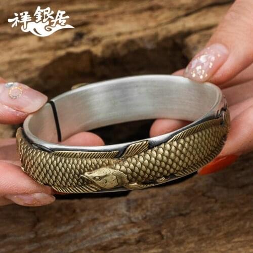 Silver fine silver bracelets for men and women with silver bracelet silver bracelet brocade carp inlaid embossed craft
