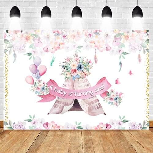 Celebration Baby Birthday Party Photo Background Balloons Floral 1st Birthday Backdrop for Children Teepee Tribal Flowers