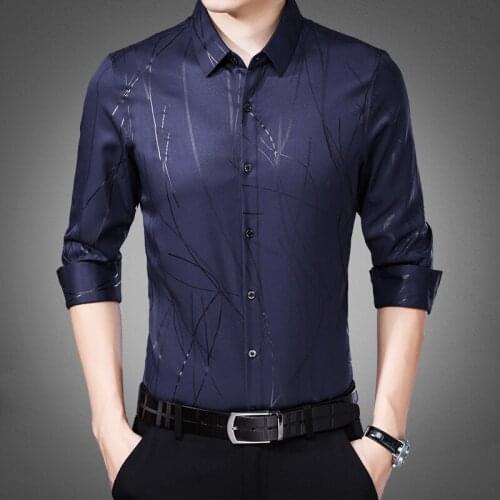 Sleeve Spring Men Long Striped Real Silk Shirt Korean Black Mens Shirts Casual Slim Fit 2020 Camisa Masculina KJ2266