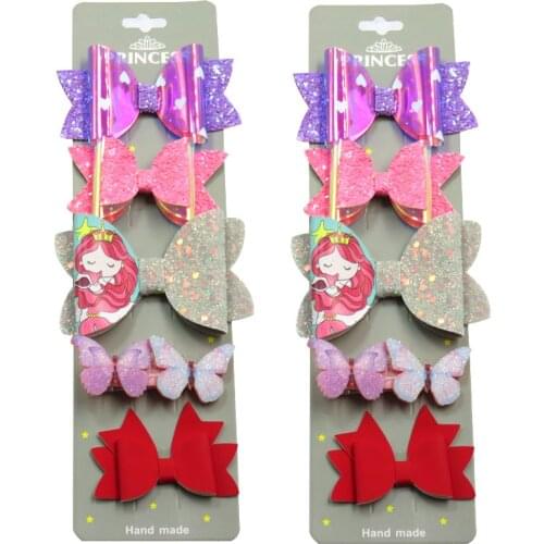 10PCS/SET Pretty Mermaid Baby Girls Clips Leather Bow Child Tie Knot Creativity Handmade Hairpins Hair Accessories For Kids 2021