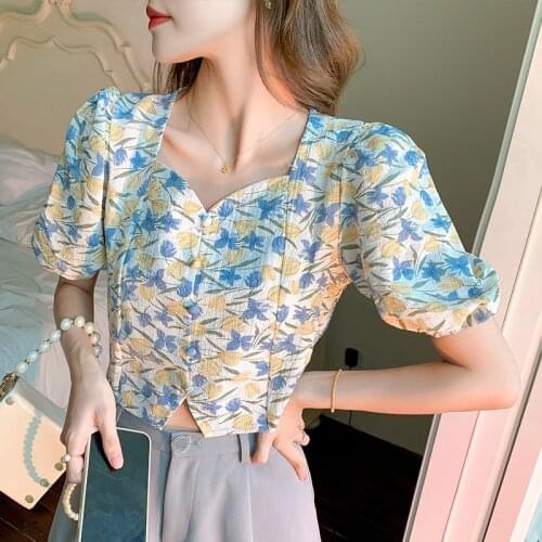 V-neck chiffon shirt women summer 2021 new floral design short waist puff sleeve blouse