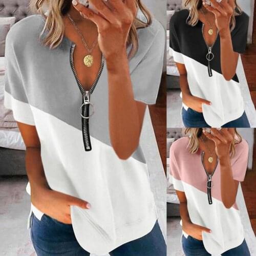 Summer Contrast Print V-neck Top Vintage Zipper Short Sleeve Shirt Women Casual Fashion Loose Pullover Casual Streetwear 2021New