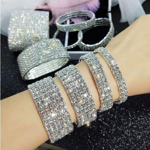 Crystal Bracelet Bangle Stretch Bling 1 or 6 Row Rhinestones Bracelets For Women Elasticity Wedding Bridal Gift Jewelry