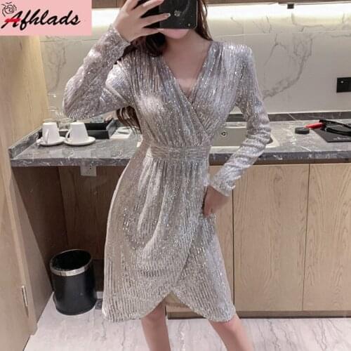 Autumn New Product V-Neck Women Dress Female Sexy Sequined Slim High Waist Nightclub Party Irregular Knee-Length Vestidos