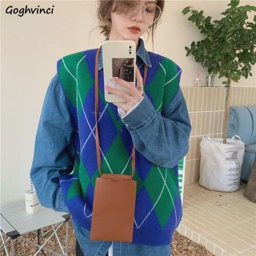 Sweater Vests Women Retro Unisex Spring New Collection Popular Knitwear Student All-match Argyle Fashionable V-neck High Street