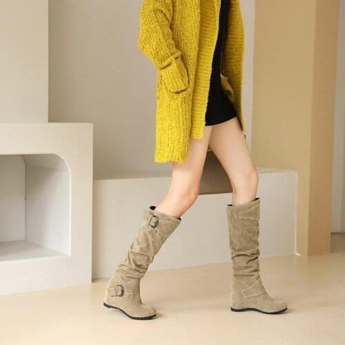 WinterKnee-High Boots Pleated Women Shoes Women Height Increasing Casual Boots Fashion Round Toe All Match Flock Thermal New