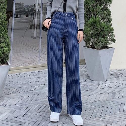 Zoki Striped Women Jeans Loose Spring High Waist Pure Cotton Denim Pants Harajuku Blue Straight Washed Mom Casual Trousers 2021