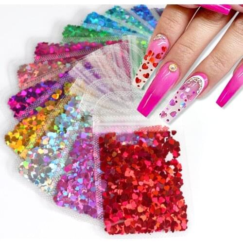 12Pcs Ultra-thin Love Heart Laser Sequins For Nail Design Mixed Size Holographic Glitter Flakes Paillette Nail Art Accessories