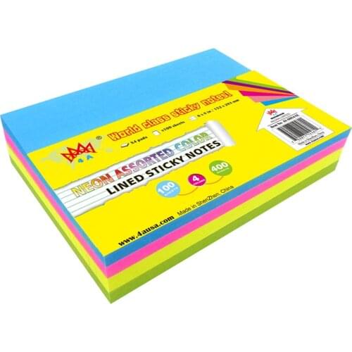 4A Sticky Notes,6 x 8 Inches,Large Size,4 Colors,Neon Blue,Red,Yellow and Green,Lined,Self-Stick Notes,100 Sheets/Pad,4A 6084-NL