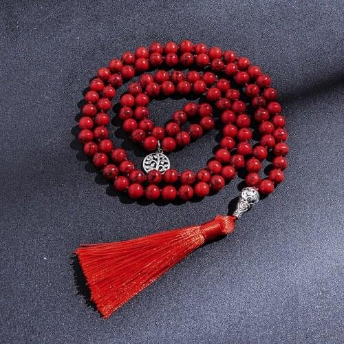 6mm Natural Stone Beads Knotted 108 Mala Necklace Meditation Yoga Japamala Jewelry Red Tassel Pendant Friendship Gift