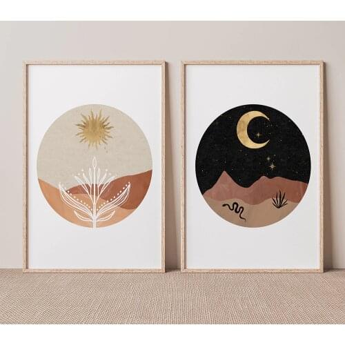 Abstract Boho Day and Night Wall Art Canvas Painting Terracotta Minimalist Geometric Landscape Poster Boho Prints Home Decor