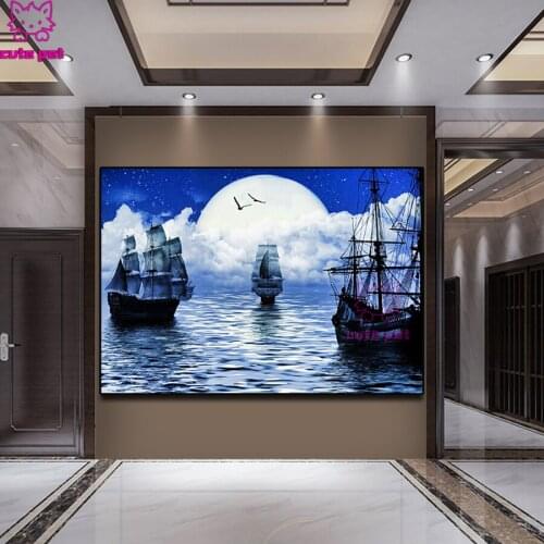 Diy 5d Diamond Painting Night moon sailing on the sea Cross Stitch kits 5D DIY Embroidery Mosaic Rhinestone Handmade scenery
