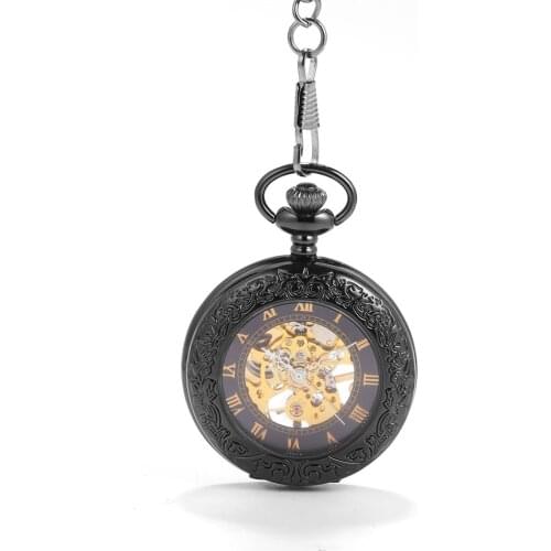 Black transparent carved mechanical pocket watch bronze pocket watch retro gift personality creative black face quartz pocket wa