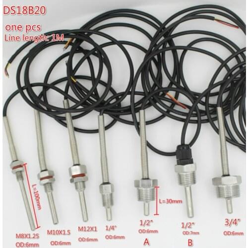 DS18B20 Digital Temperature Sensor G1/2" 1/4" 3/4" M10X1.5 M12X1 Thread 1m PVC 3-core Wire SUS304 Stainless Steel Shell