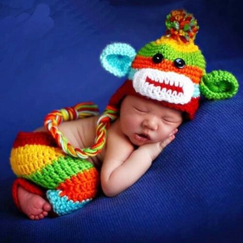 Newborn Baby Photo Shoot Cartoon Monkey Hat+Pants Outfits Clothes Infant Tiny Baby Boy Girl Crochet Photography Props foto bebe