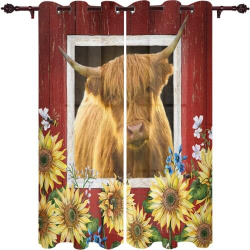 Highland Cattle And Sunflower Farm Window Curtains Kitchen Decor Christmas Curtains Home Draperies Curtains for Living Room